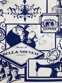 A collage of vintage-inspired illustrations featuring elements such as a chandelier, a stylish woman in a hat, a royal crown, and a sewing machine. Decorative motifs include silhouettes of musicians with trumpets, roses, and well-dressed figures from the early 20th century. The text 'Musée de Bell & Nouveau couture' is prominently displayed.