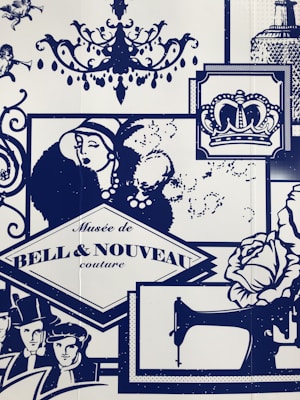 A collage of vintage-inspired illustrations featuring elements such as a chandelier, a stylish woman in a hat, a royal crown, and a sewing machine. Decorative motifs include silhouettes of musicians with trumpets, roses, and well-dressed figures from the early 20th century. The text 'Musée de Bell & Nouveau couture' is prominently displayed.