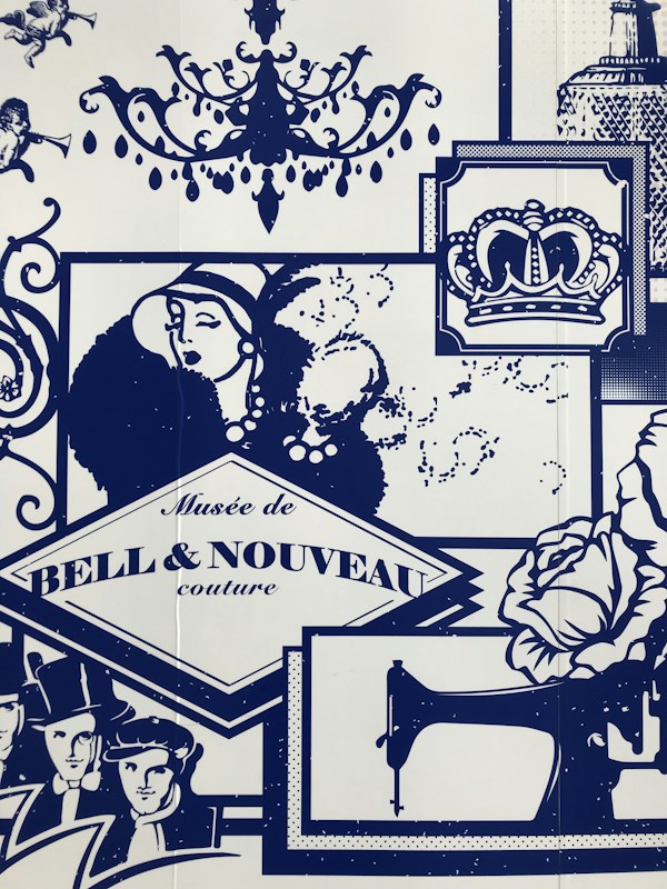 A collage of vintage-inspired illustrations featuring elements such as a chandelier, a stylish woman in a hat, a royal crown, and a sewing machine. Decorative motifs include silhouettes of musicians with trumpets, roses, and well-dressed figures from the early 20th century. The text 'Mus&eacute;e de Bell & Nouveau couture' is prominently displayed.