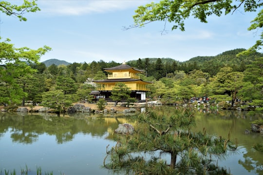 brown wooden house on green grass field near lake during daytime in Kinkaku-ji Japan