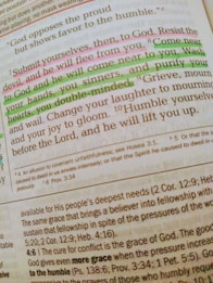 A close-up of a Bible page with highlighted text in pink and green. The main verse visible is 'Submit yourselves, then, to God. Resist the devil, and he will flee from you.' The text is written in a serif font, and there are footnotes and references included at the bottom of the page. The highlighted sections emphasize phrases about devotion and coming near to God.
