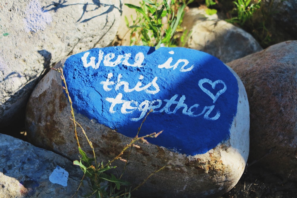 blue and white stone with i love you print