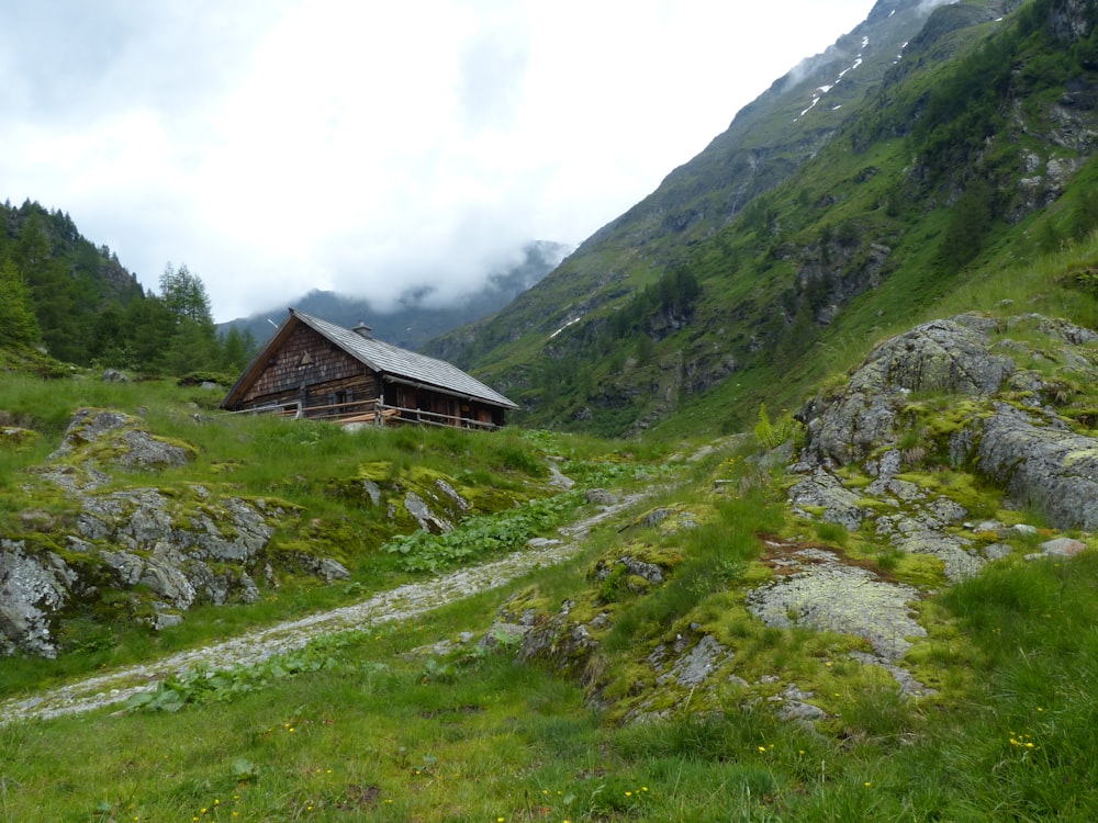 昼間は白い雲の下、山の近くの緑の芝生の上の茶色の木造家屋