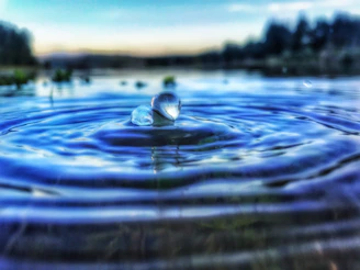 A close-up of water droplets creating ripples on a calm lake at sunrise.
