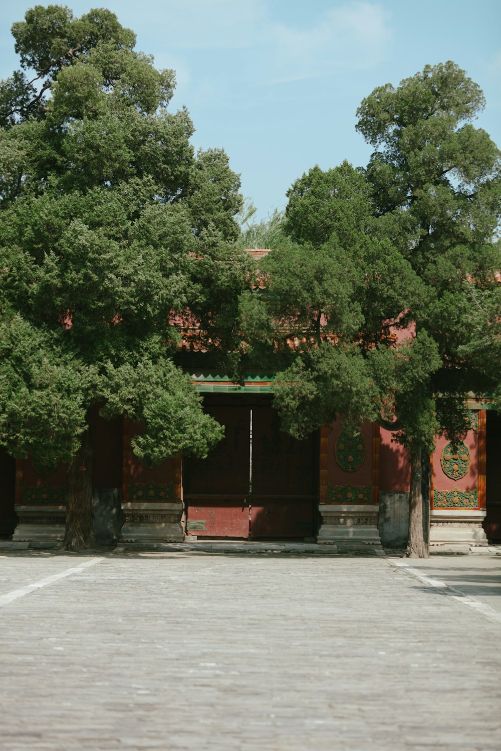 red and green trees near red concrete building during daytime