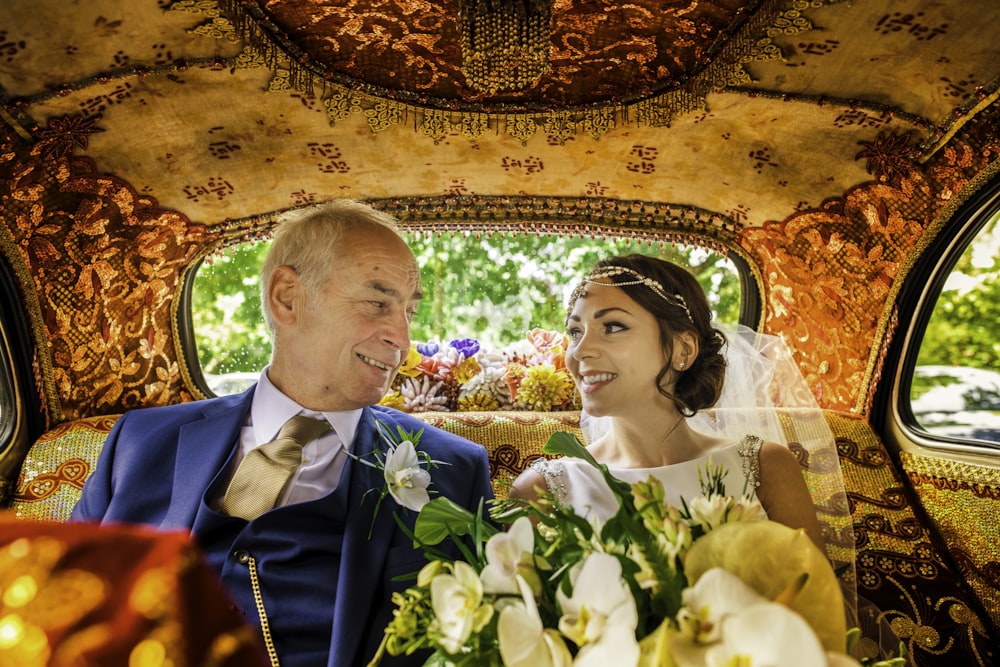 man in blue suit jacket and woman in white wedding dress