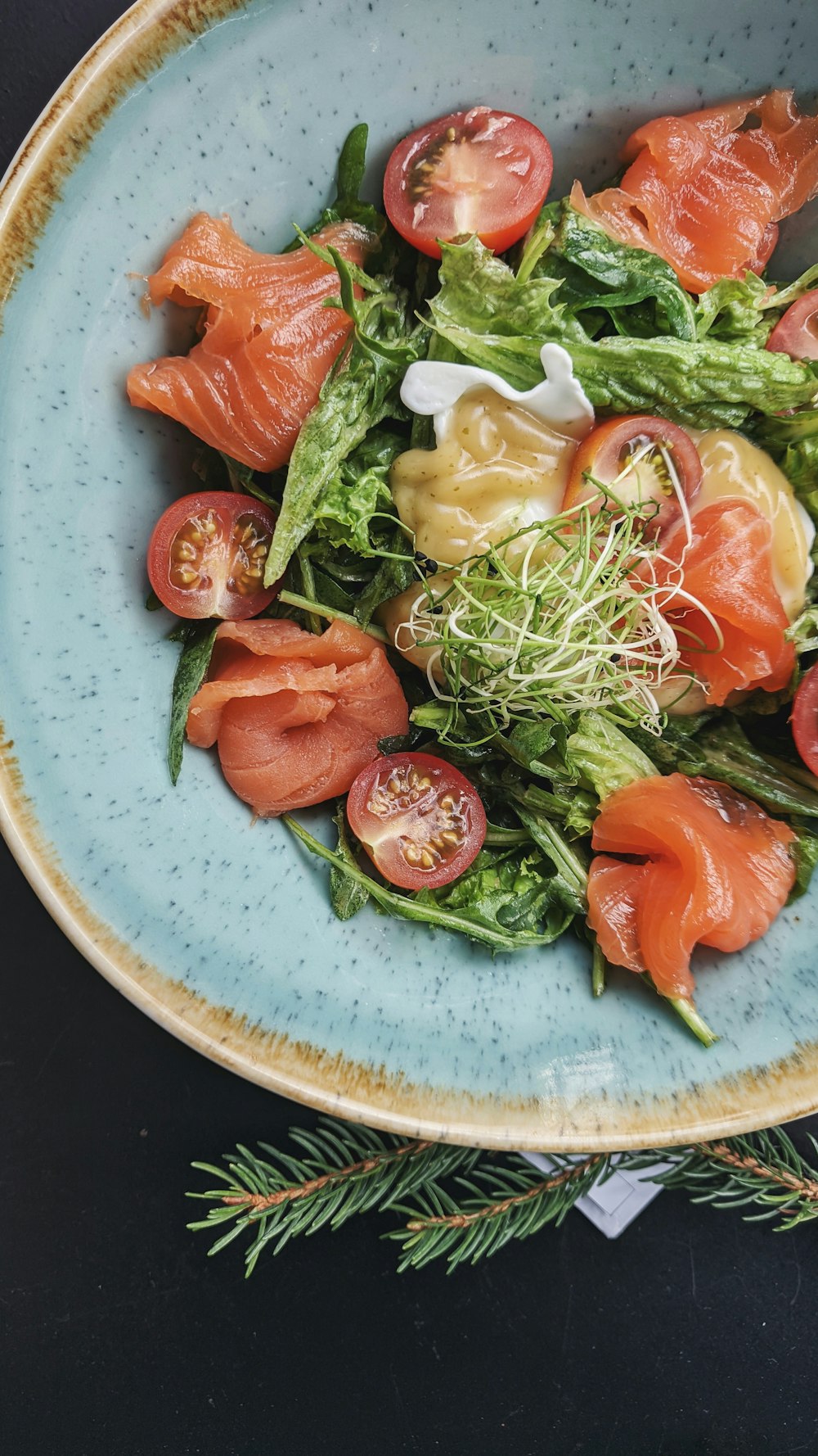sliced tomato and green vegetable salad on blue and white ceramic plate
