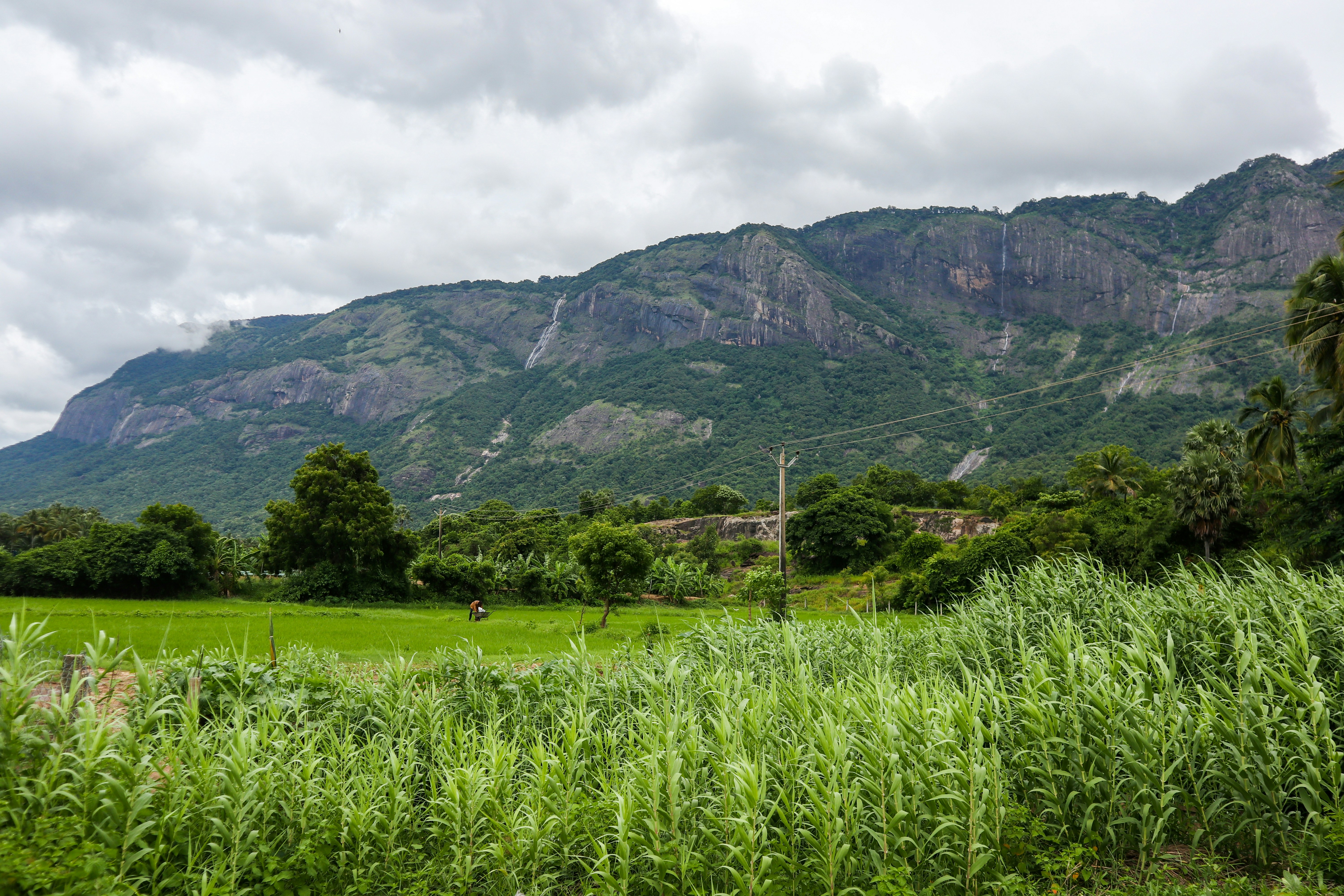Green grass field near mountain under white sky during daytime photo ...