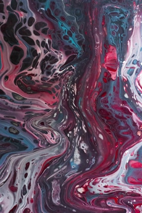 An abstract painting of jagged lines and deep reds symbolizing inner turmoil.