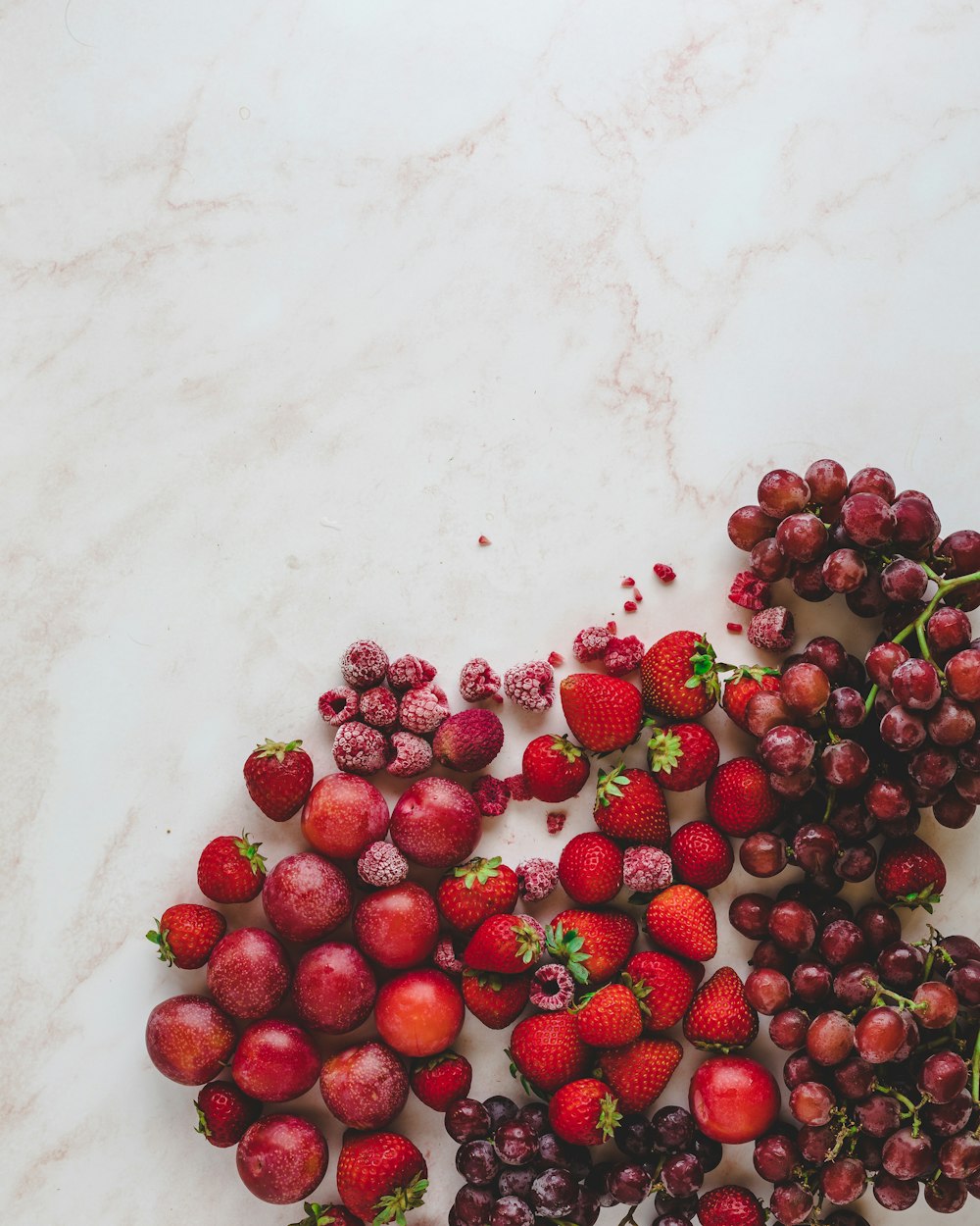 rote und schwarze Beeren auf weißer Oberfläche