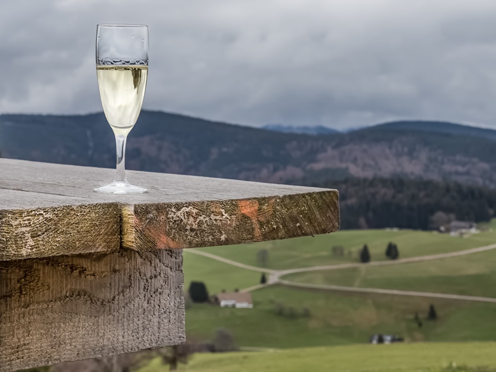 clear wine glass on brown wooden stand