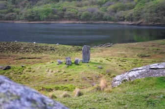 gray rock formation on green grass field near body of water during daytime