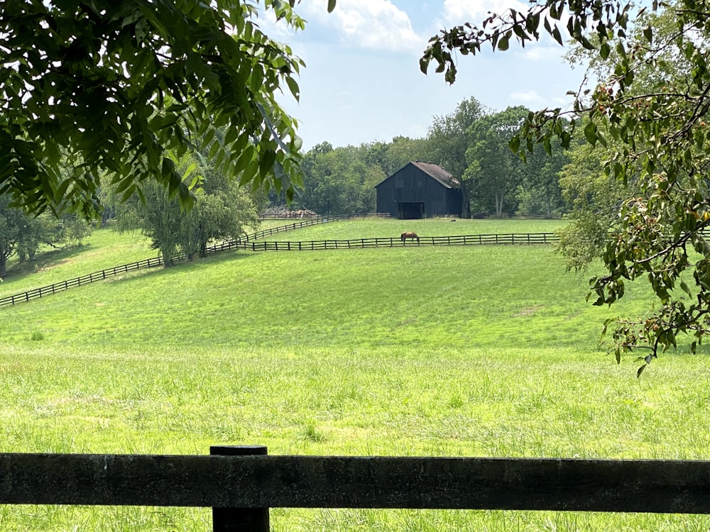 茶色の木製の柵のある緑の芝生のフィールド