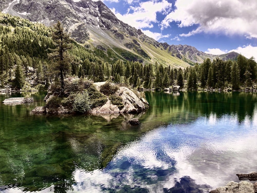 un lac entouré de montagnes et d’arbres