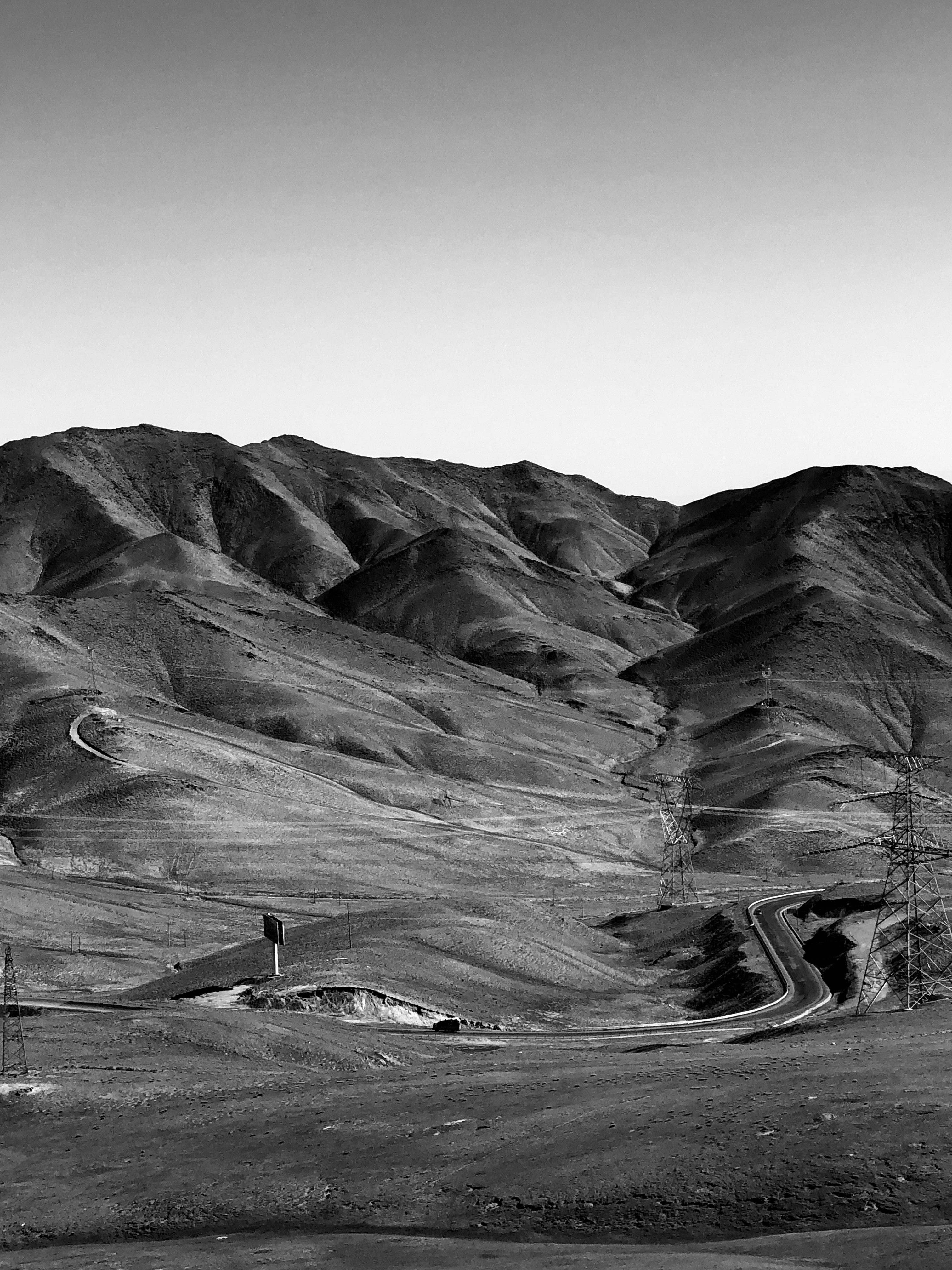 grayscale photo of mountains and trees