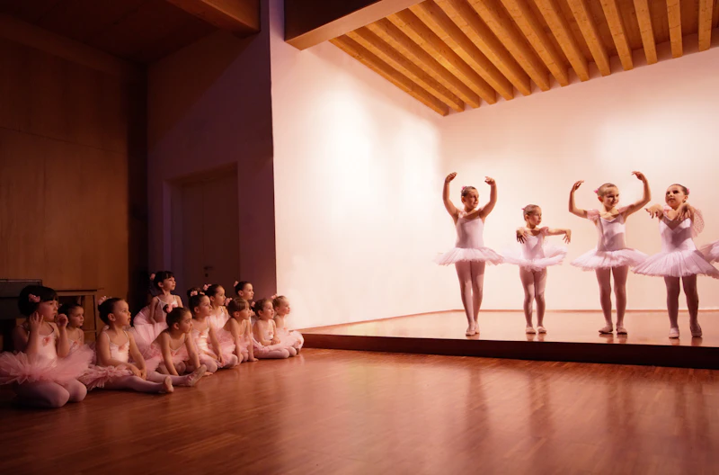 Ballet dancers at the barre in soft pink light