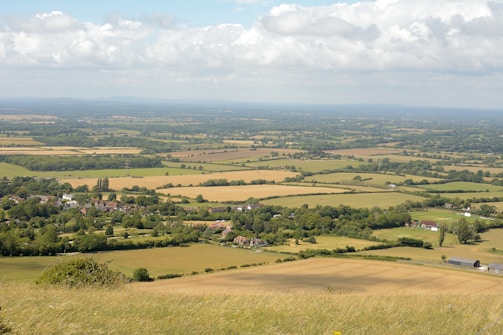 A vast rural landscape featuring a patchwork of fields and farmland stretching into the distance. The fields vary in color, indicating different crops or stages of growth. In the foreground, a small village is visible with houses nestled among trees. The sky is partly cloudy, with sunlight casting a gentle glow over the scenery.