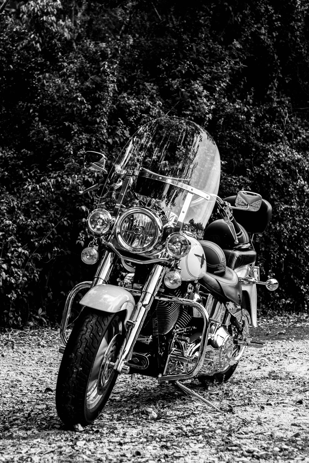 grayscale photo of motorcycle parked near trees