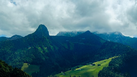 green grass field near mountain under cloudy sky during daytime in Les Avants Switzerland