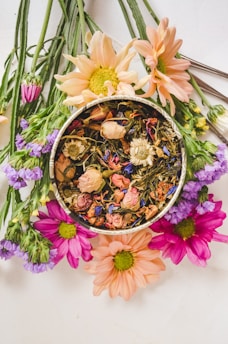 An assortment of fresh flowers and medicinal herbs commonly used in homeopathy