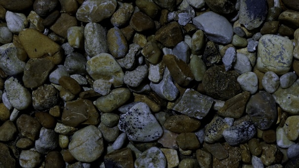 A collection of variously sized and shaped river stones with a predominantly earthy and muted color palette. The stones are tightly packed together, displaying a range of textures from smooth to rough surfaces.