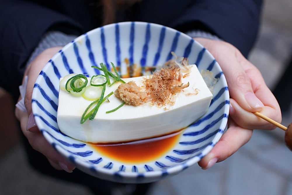 personne tenant une assiette en céramique blanche et bleue avec du riz et des tranches de concombre