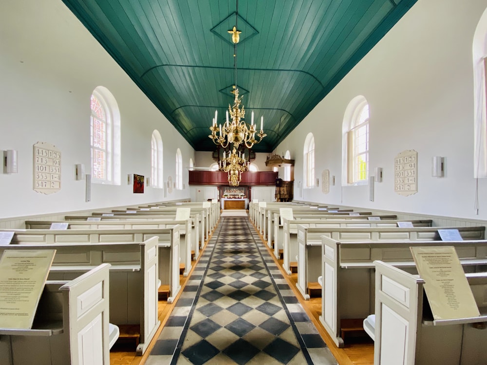 white and green church interior