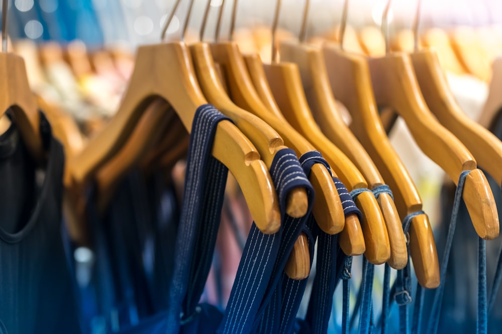 blue and brown clothes hangers