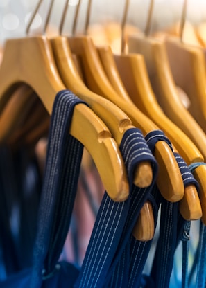 blue and brown clothes hangers