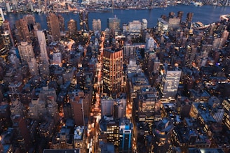 aerial view of city buildings during night time