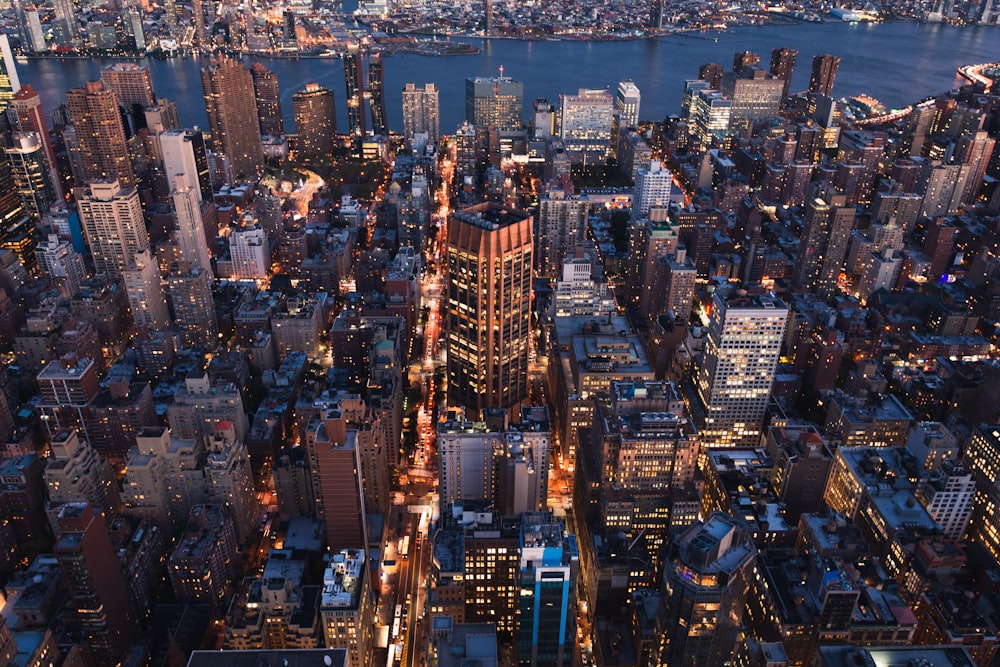 aerial view of city buildings during night time