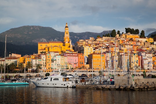 white and black boat on water near city buildings during daytime in Menton France