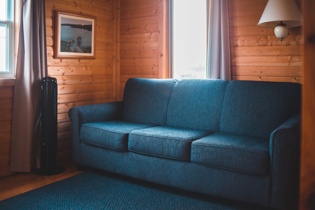 gray sofa near brown wooden door
