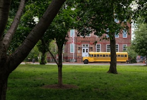 A yellow school bus is parked in front of a historic brick building surrounded by lush green trees and grass. The building has large windows with white frames and a classic architectural style.
