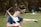 A person wearing a blue sports jersey and gloves is holding a pickaxe. They are standing outdoors on a grassy area with trees in the background, and are pointing towards something. A blue tent is visible in the distance among other camping items.