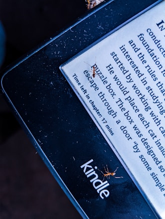 A Kindle e-reader displays text with a line indicating the time left in the chapter. Several small ants are visible on the screen and edges of the Kindle. The lighting gives the image a contrasting effect, highlighting the presence of the ants on the device.
