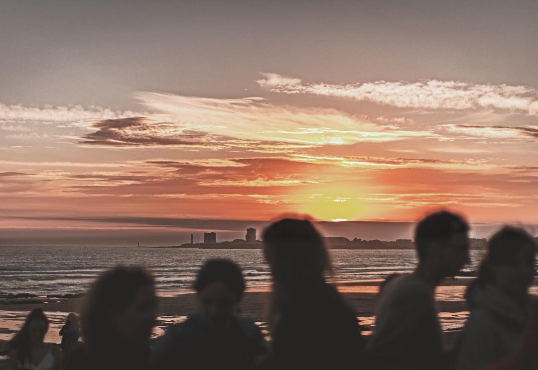 silhouette of people standing on seashore during sunset