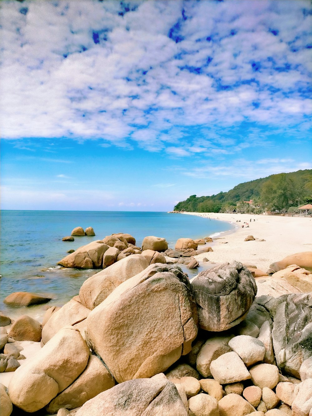 昼間の青空の下、海岸に浮かぶ茶色い岩