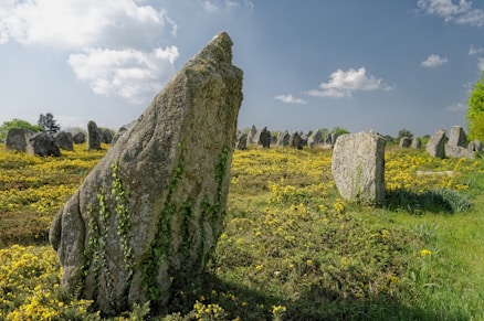 gray rock formation on green grass field under white clouds during daytime