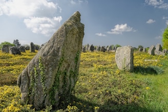 gray rock formation on green grass field under white clouds during daytime