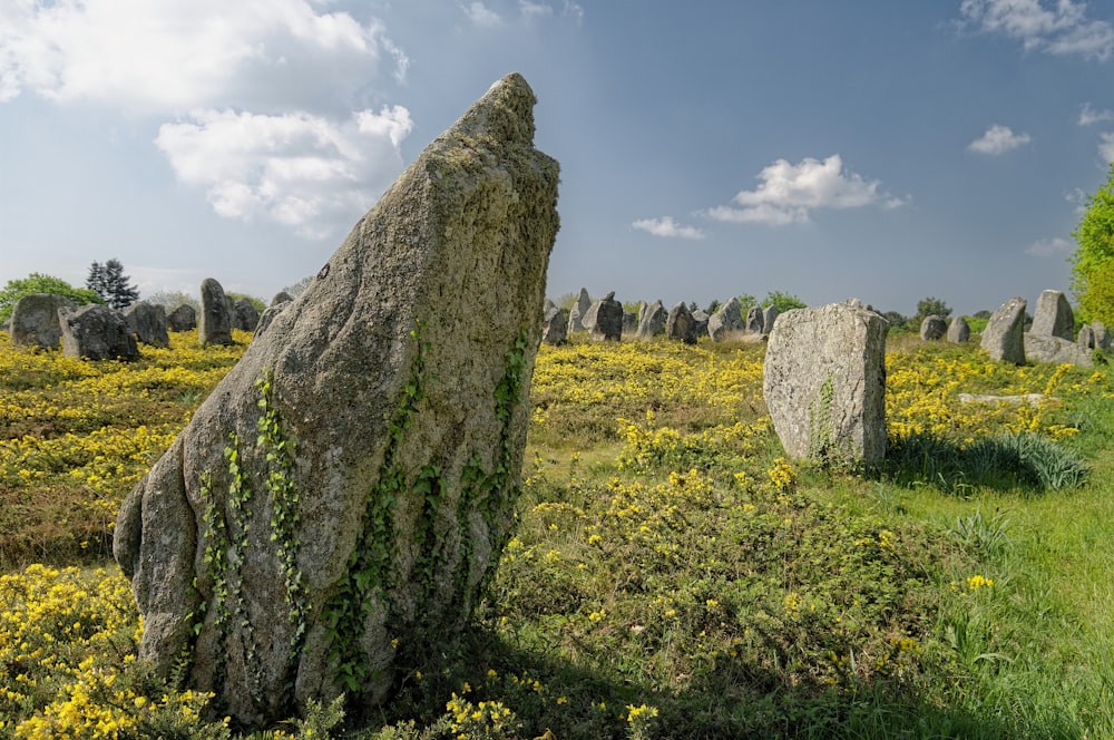 gray rock formation on green grass field under white clouds during daytime