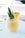 A creamy yellow smoothie or drink is in a clear glass, garnished with a slice of pineapple and green leaves. It is placed on a white wooden surface, with a softly blurred background suggesting an outdoor setting.