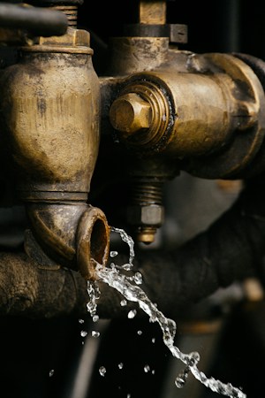 A bead of water forming on a brass pipe fitting, the kind of slow leak that signals a failing line