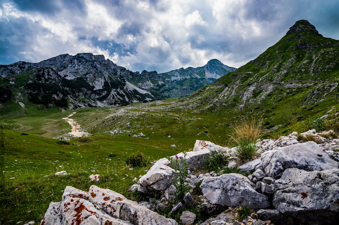 green grass field near mountain under white clouds and blue sky during daytime