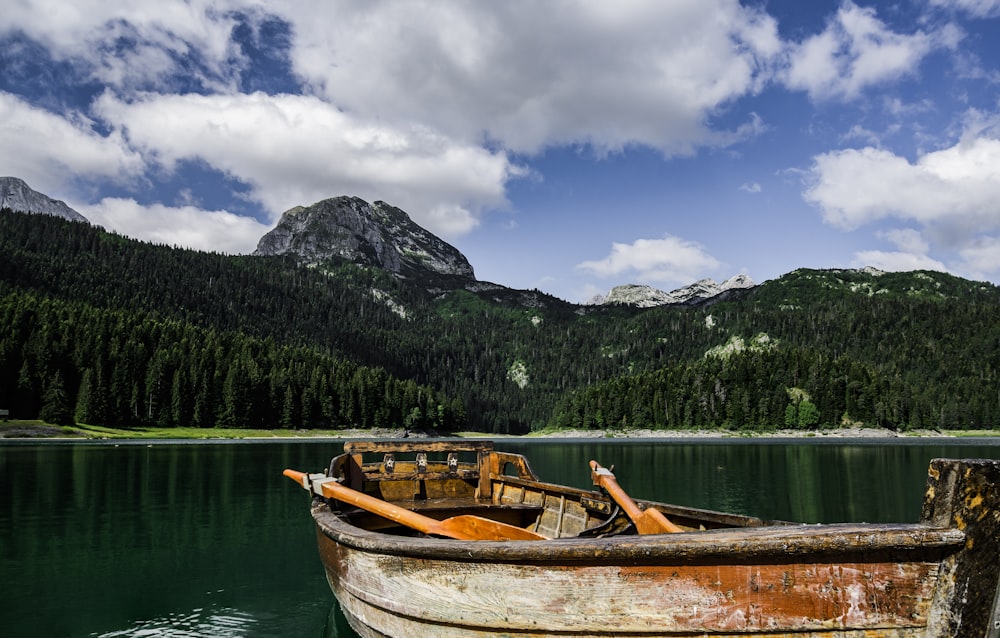 brown and white boat on lake near green mountain under blue and white cloudy sky during