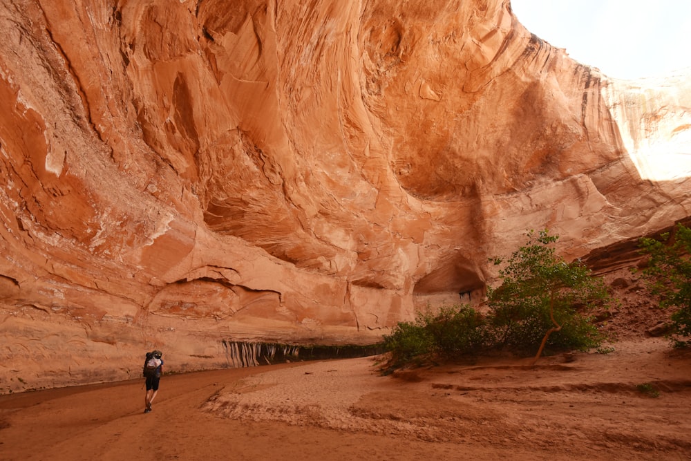昼間、茶色の岩層近くの茶色の砂の上を歩く人