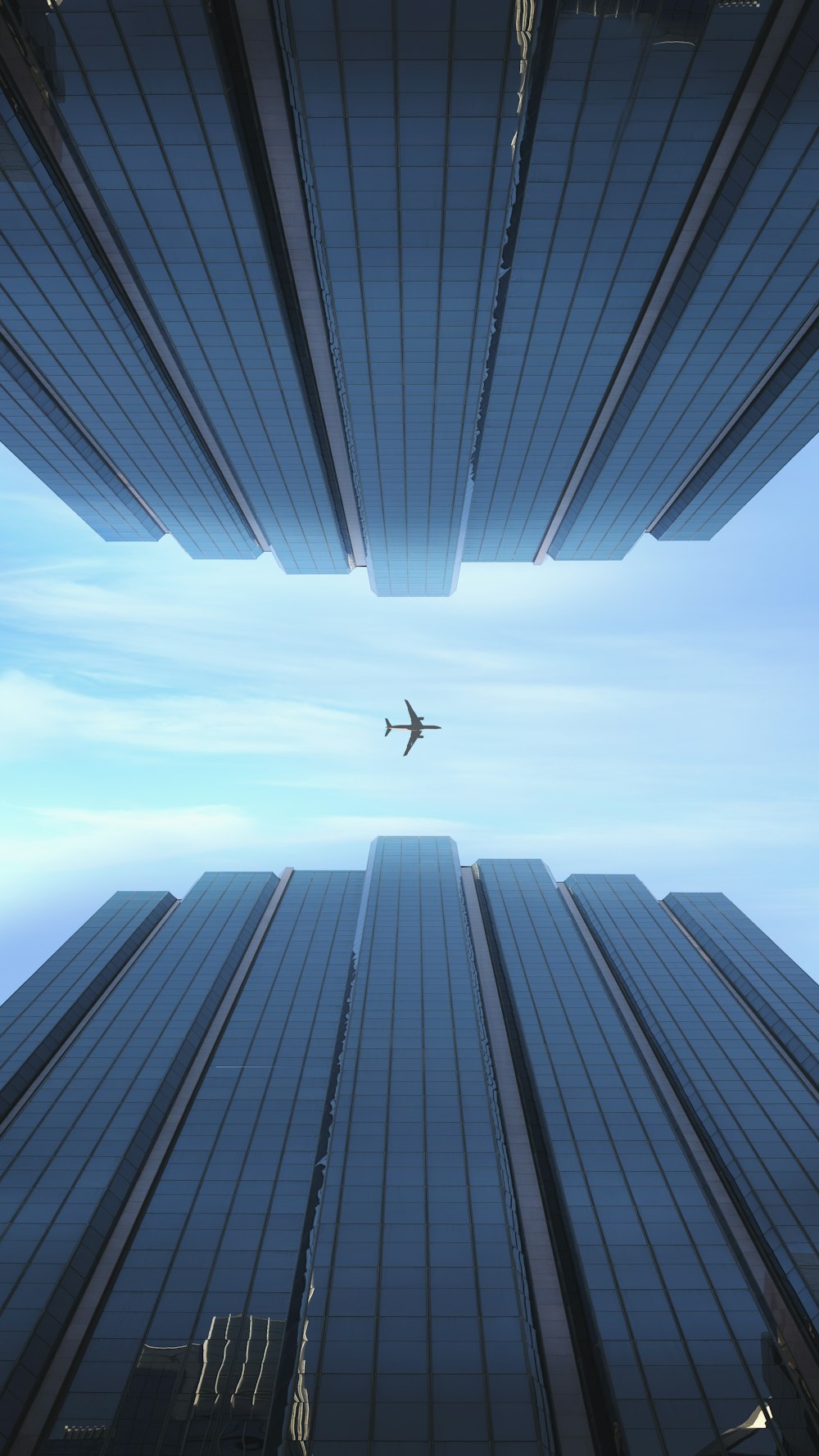 an airplane flying through a very tall building