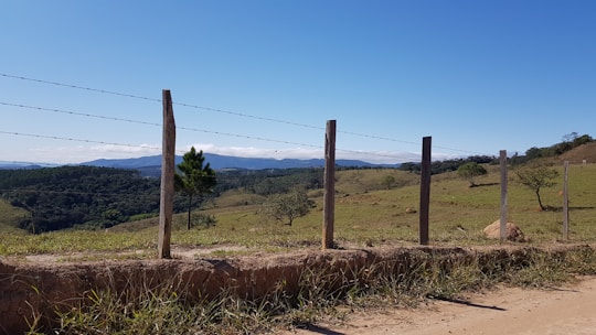 A rural landscape featuring a barbed wire fence constructed with wooden posts. Rolling hills stretch into the distance with patches of green grass and scattered trees under a clear blue sky.