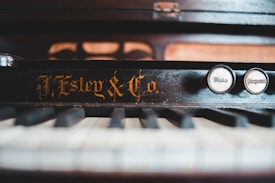 A close-up view of an antique harmonium with visible ivory keys and ornate lettering displaying 'J. Estey & Co.' on the front. The buttons labeled 'Viola' and 'Diapason' suggest stops or registers typical of the instrument.