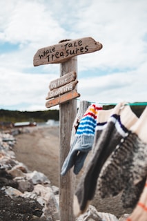 A rustic wooden signpost displays multiple signs with text, including 'Whale Tale Treasures' and 'Online Shopping.' Several knitted gloves are hanging below the signs on a clothesline. The background features rocky terrain and a partly cloudy sky.